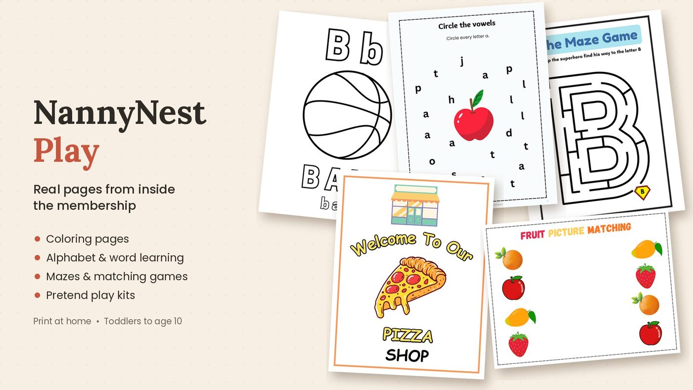 Real pages from NannyNest Play: alphabet, maze, matching and pretend-play pages